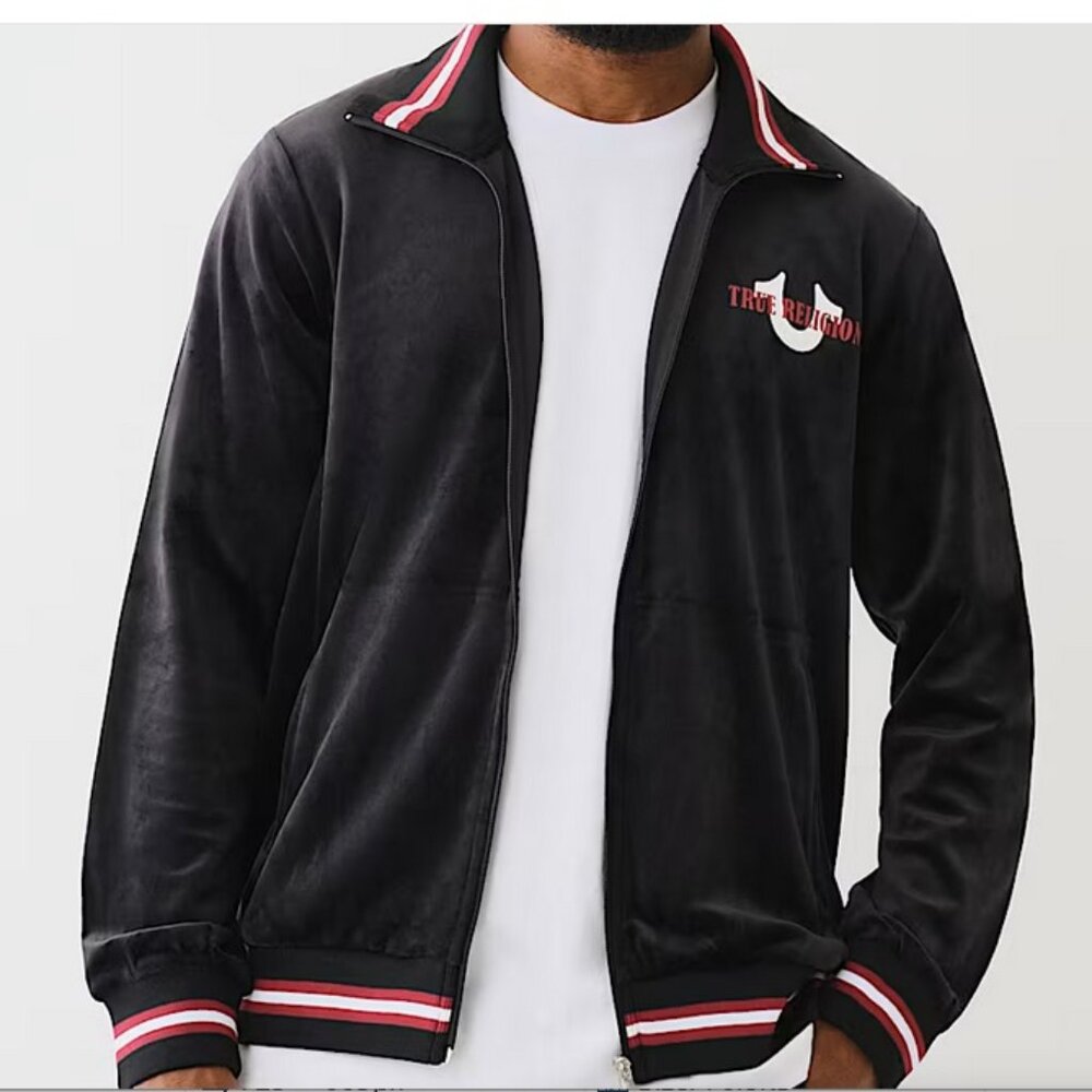 NEW Size Medium Black VELOUR LOGO TRACK Zip Up JACKET True Religion